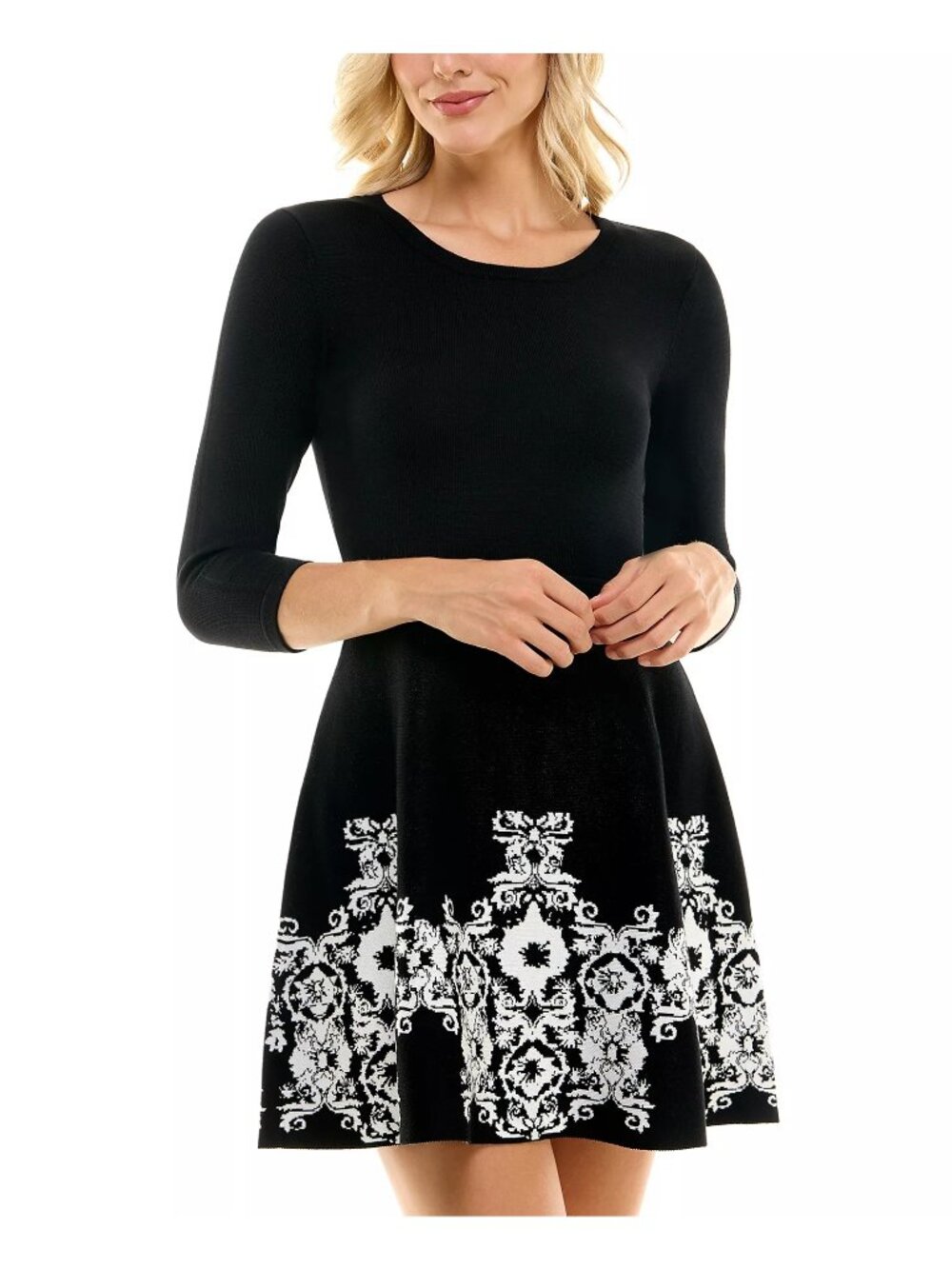 BCX Black Juniors Border-Print Fit Flare Sweater Dress Size Small 3/4 Sleeves